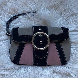 Areosoles Vintage Chick Black, Grey & Pink Suede Clutch with Silver Hardware